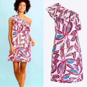 J. Crew Linen One Shoulder Ruffle Mini Dress Tropical Leaf Print NWT Size L